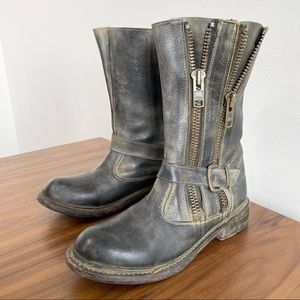Bed Stu Hustle Motorcycle Boot all leather grey rounded toe side zip mid calf